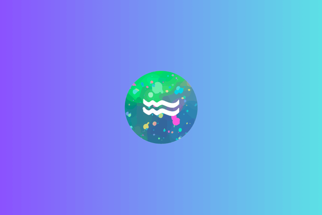Símbolo do signo de Aquário, em branco, composto por duas linhas onduladas paralelas, com curvas suaves e extremidades arredondadas. O símbolo está centralizado em um círculo preenchido com manchas e pequenos pontos em azul, turquesa, verde, rosa, amarelo e roxo. O fundo apresenta um degradê horizontal do roxo ao azul-claro e turquesa.