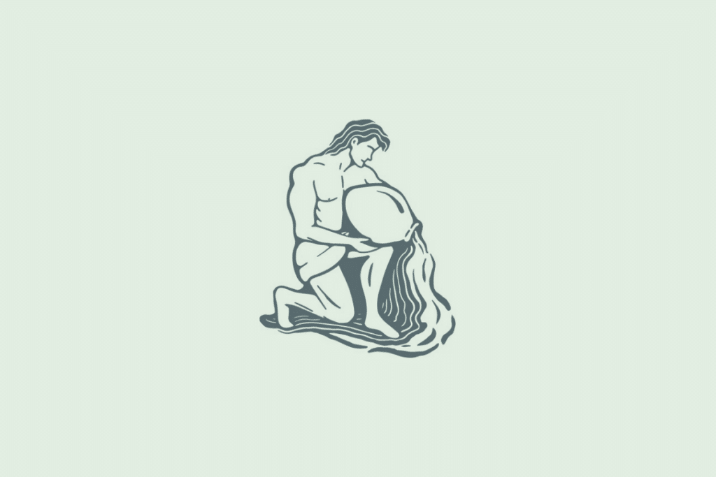 Ilustração em traço de um homem ajoelhado despejando água de um grande jarro, representando o signo de Aquário, sobre fundo verde-claro.