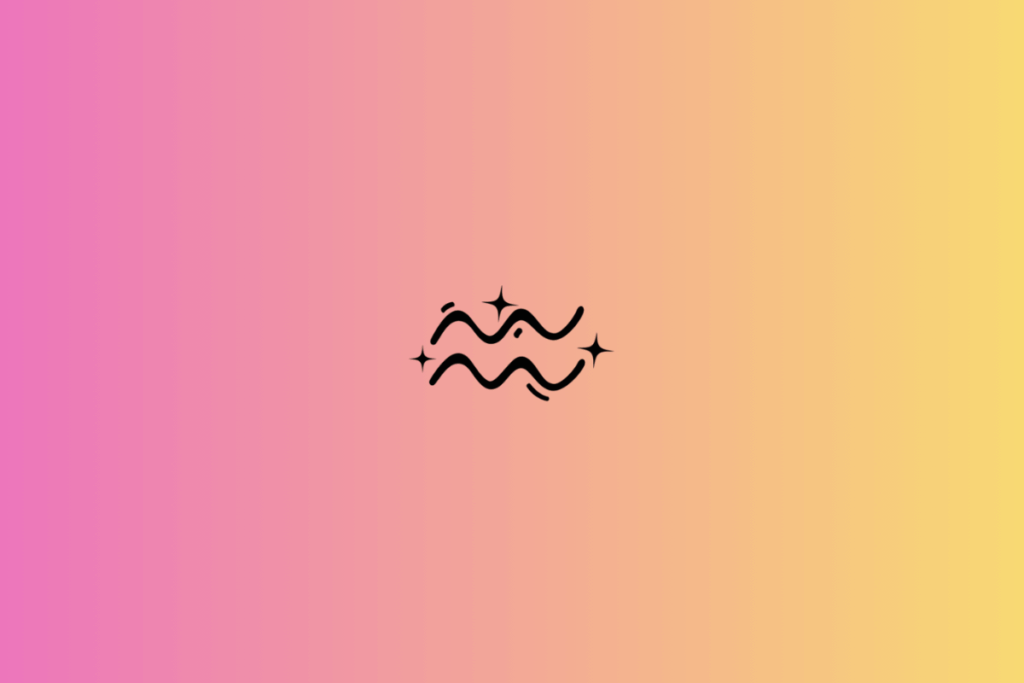 Ilustração linear do signo de Aquário em preto sobre um fundo em degradê que vai do rosa à esquerda ao amarelo-claro à direita. O símbolo é formado por duas linhas horizontais onduladas, posicionadas uma acima da outra. Pequenas estrelas e traços curvos aparecem ao redor das ondas, dando um aspecto decorativo à composição.