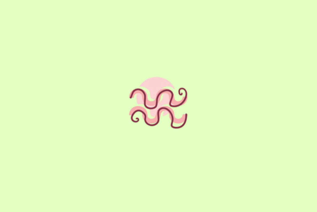 Símbolo do signo de Aquário, em vinho escuro com contorno rosa, sobre uma forma rosa-clara. O desenho é formado por duas linhas onduladas paralelas, com pequenas curvas nas extremidades. O fundo é verde-claro pastel uniforme.