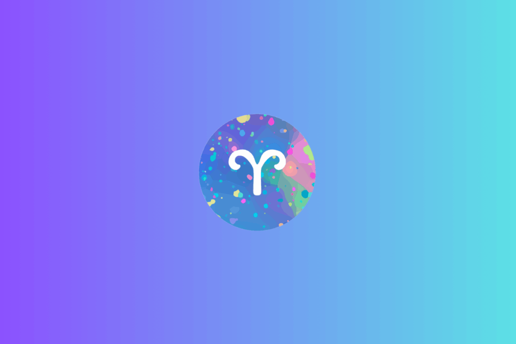 Símbolo do signo de Áries, em branco, formado por duas curvas arredondadas que se elevam e se voltam para dentro, unidas a uma haste vertical central. O desenho está dentro de um círculo com manchas e pequenos pontos em azul, turquesa, roxo, rosa, amarelo e verde. O fundo apresenta um degradê horizontal que vai do roxo, à esquerda, ao azul-claro e turquesa, à direita.