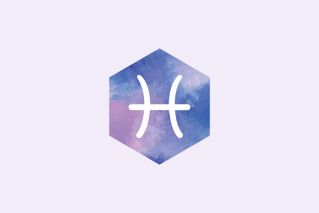 Símbolo do signo Peixes: traço branco de dois arcos voltados para fora, um de cada lado, unidos por uma linha horizontal no meio, dentro de um hexágono pintado em aquarela azul e lilás; em fundo lavanda-claro.
