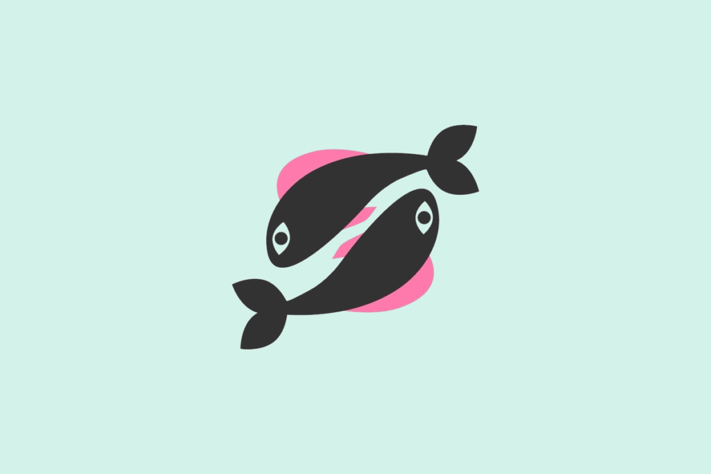 Ilustração do signo Peixes, contendo dois peixes pretos nadando em direções opostas, formando um círculo, com detalhes rosa, em fundo verde-água.