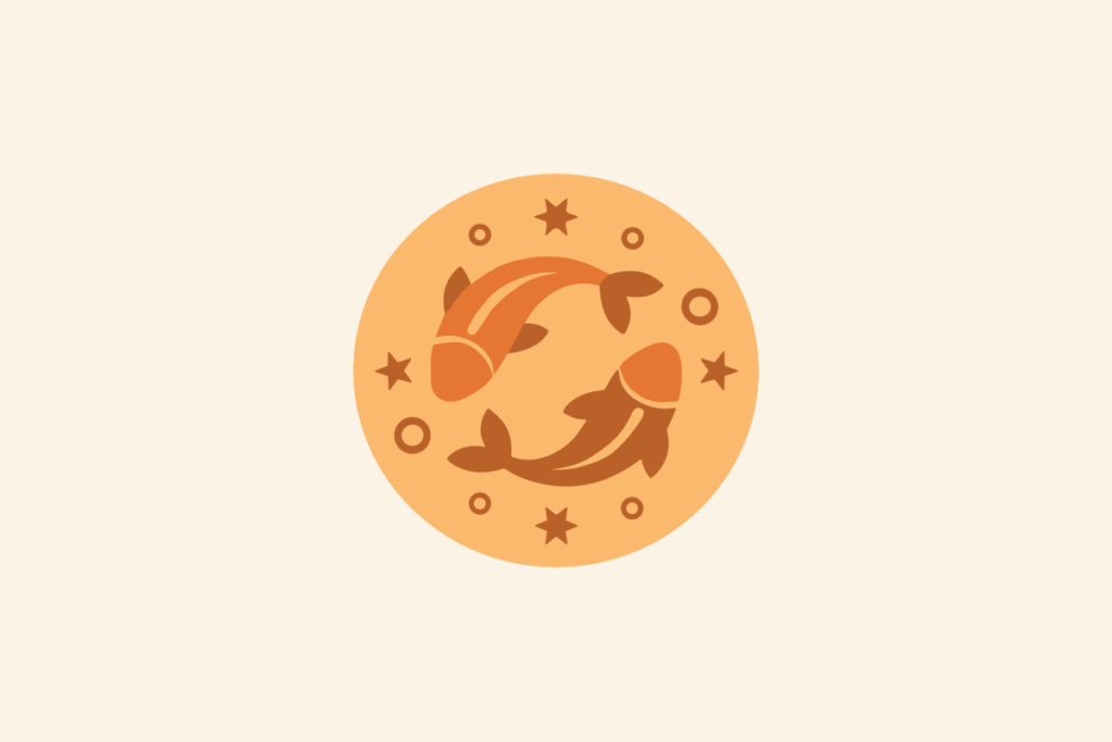 Ilustração do signo Peixes: círculo laranja-claro com dois peixes laranja e marrons nadando em direções opostas, um em cima e outro embaixo, cercados por estrelas e pequenos círculos; em fundo creme.