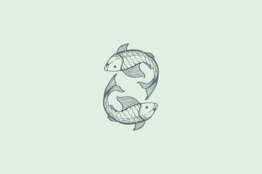 Ilustração em traço de dois peixes nadando em direções opostas, formando um círculo, representando o signo de Peixes, sobre fundo verde-claro.