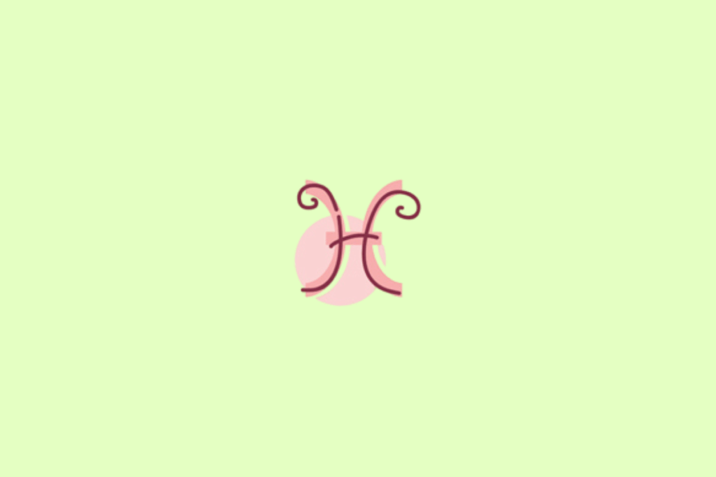 Símbolo do signo de Peixes, em vinho escuro com contorno rosa, sobre uma forma rosa-clara. O desenho apresenta duas curvas opostas, ligadas por um traço horizontal no centro. O fundo é verde-claro pastel uniforme.