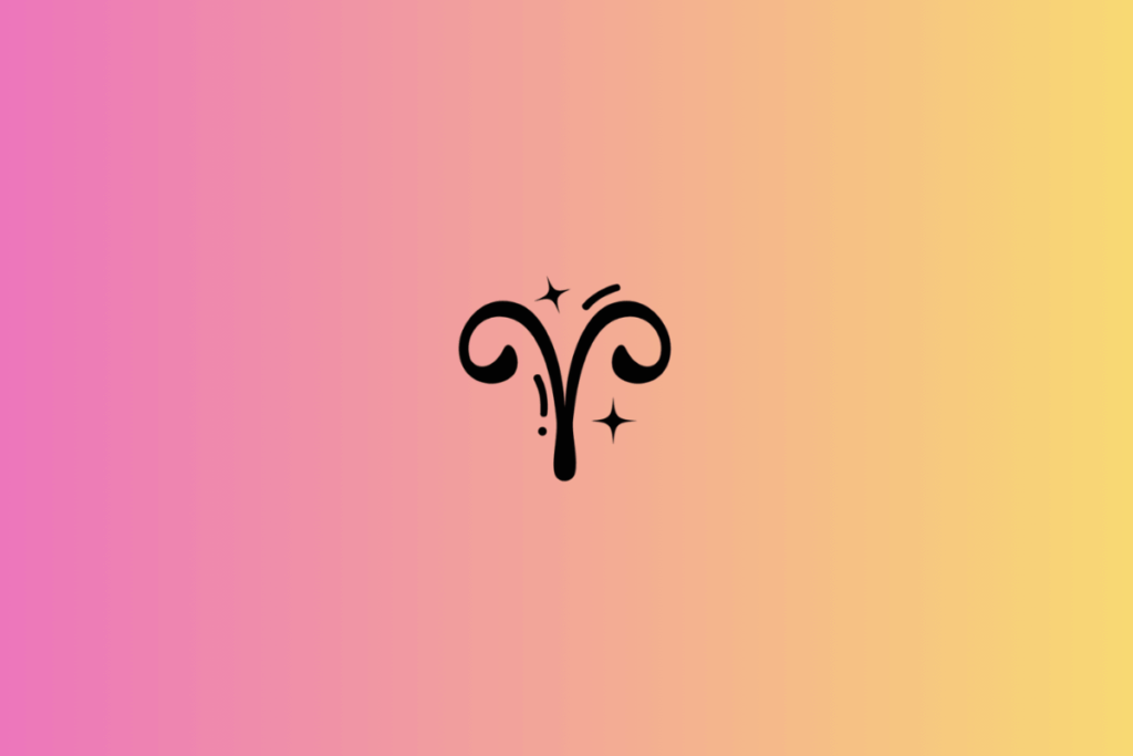 Ilustração do signo de Áries em preto, centralizada sobre um fundo em degradê rosa, pêssego e amarelo-claro. O símbolo apresenta duas formas curvas e simétricas, semelhantes a chifres que se enrolam nas extremidades e se encontram em uma haste central alongada. Pequenas estrelas e traços curvos decoram o desenho