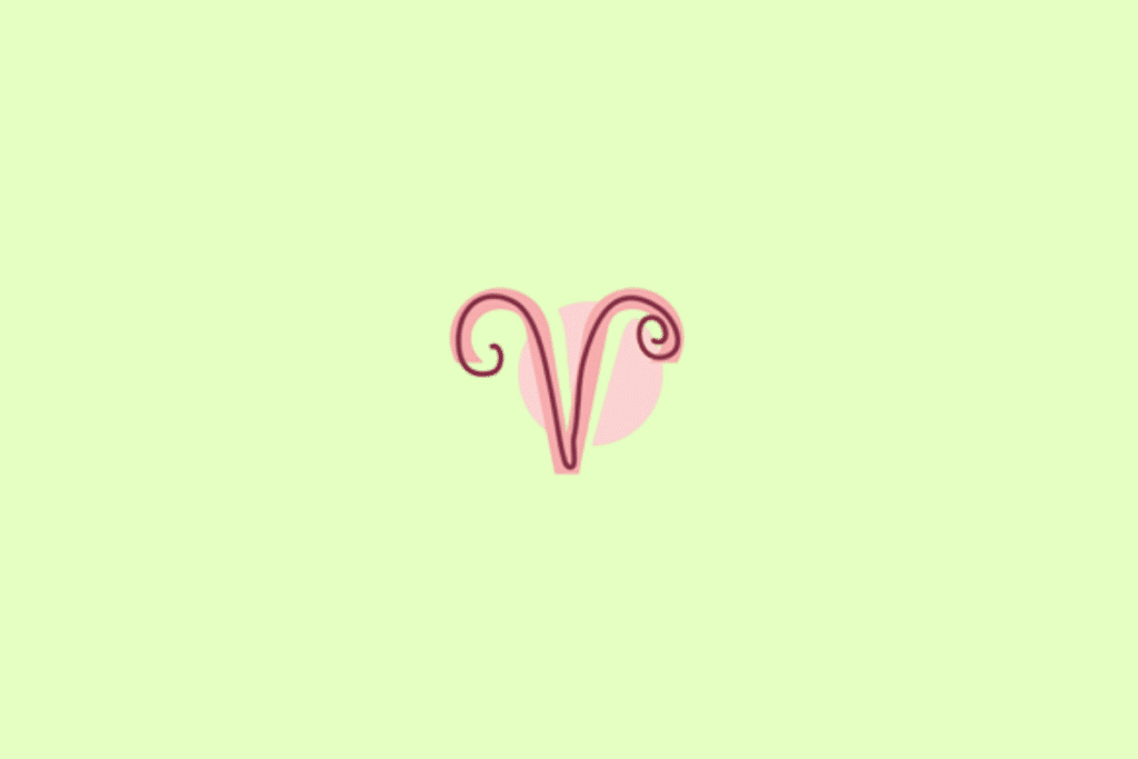Símbolo do signo de Áries, em vinho escuro com contorno rosa, sobre uma forma rosa-clara. O desenho tem duas extremidades enroladas para dentro, que se elevam e se encontram em uma ponta alongada na parte inferior. O fundo é verde-claro pastel uniforme.