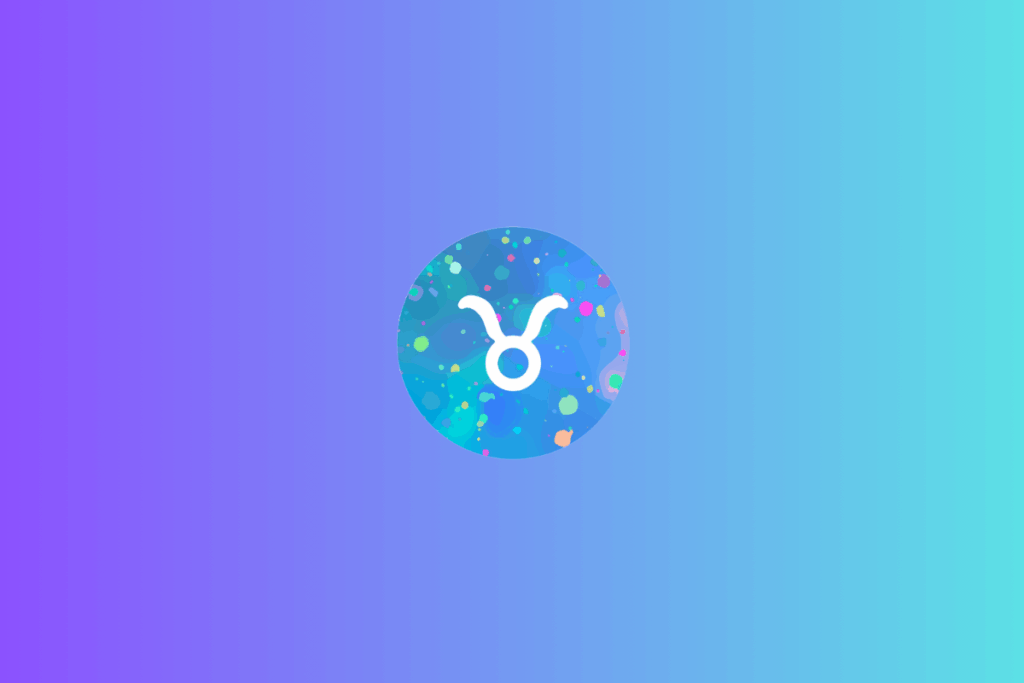 Símbolo do signo de Touro, em branco, formado por um círculo aberto na parte superior e dois traços curvos que se projetam para cima, lembrando chifres. O símbolo aparece dentro de um círculo preenchido com formas irregulares e pontos coloridos em azul, turquesa, verde, rosa, amarelo e roxo. O fundo tem um degradê que transita do roxo, à esquerda, para o azul-claro e o turquesa, à direita.