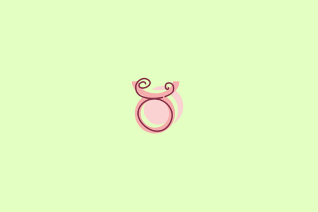 Símbolo do signo de Touro, em vinho escuro com contorno rosa, sobre uma forma rosa-clara. O desenho apresenta um círculo na parte inferior e duas curvas enroladas nas extremidades superiores. O fundo é verde-claro pastel uniforme.
