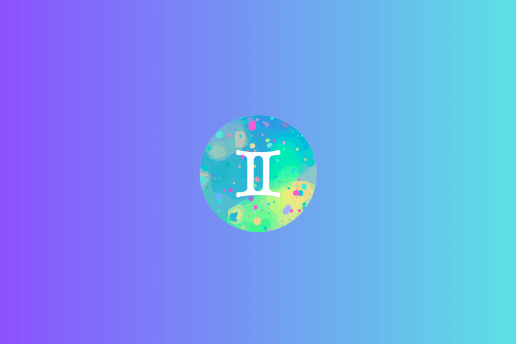 Símbolo do signo de Gêmeos, em branco, formado por dois traços verticais paralelos, unidos por duas linhas horizontais com extremidades levemente curvas. O desenho está centralizado em um círculo com manchas e pontos em azul, turquesa, verde, rosa, amarelo e roxo. O fundo apresenta um degradê horizontal do roxo ao azul-claro e turquesa.