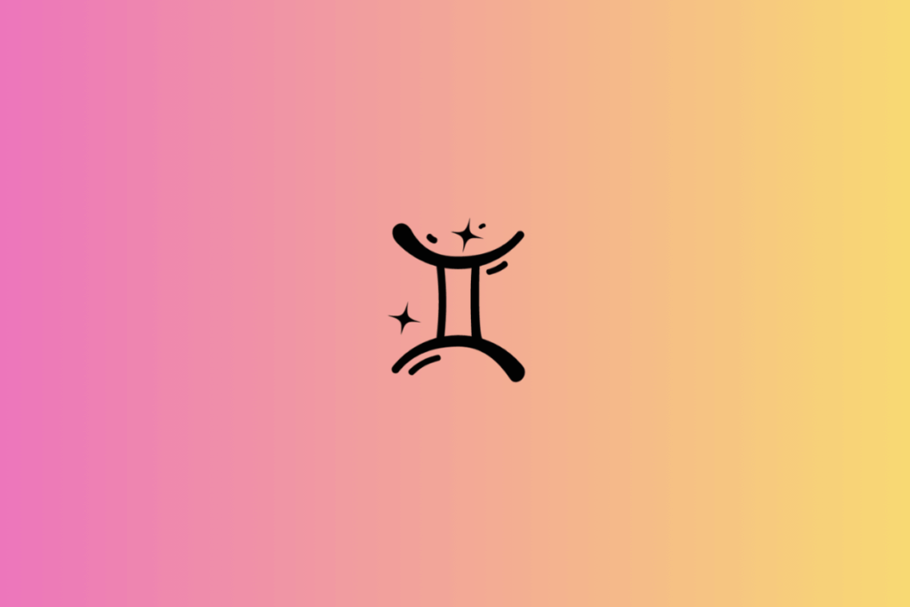Ilustração do signo de Gêmeos em preto, centralizada sobre um fundo em degradê que combina rosa, pêssego e amarelo-claro. O símbolo apresenta duas linhas verticais paralelas, unidas visualmente por traços curvos nas extremidades superior e inferior, formando uma estrutura semelhante ao algarismo romano II. Pequenas estrelas e linhas curvas aparecem ao redor do desenho.