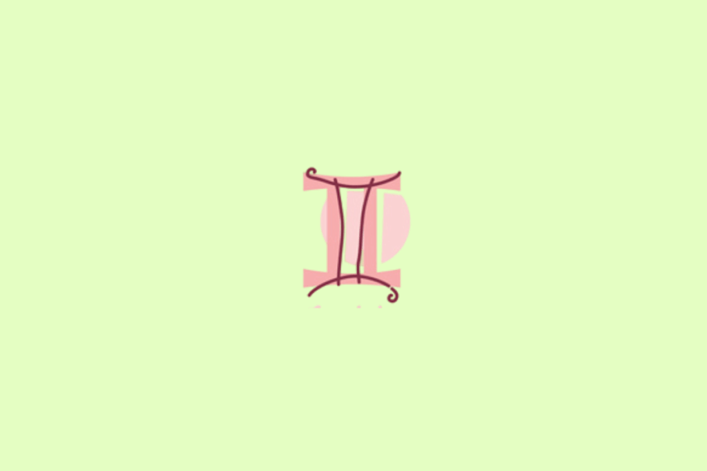 Símbolo do signo de Gêmeos, em vinho escuro com detalhes rosa, sobre uma forma rosa-clara. O desenho tem duas linhas verticais ligadas por traços curvos nas partes superior e inferior. O fundo é verde-claro pastel uniforme.