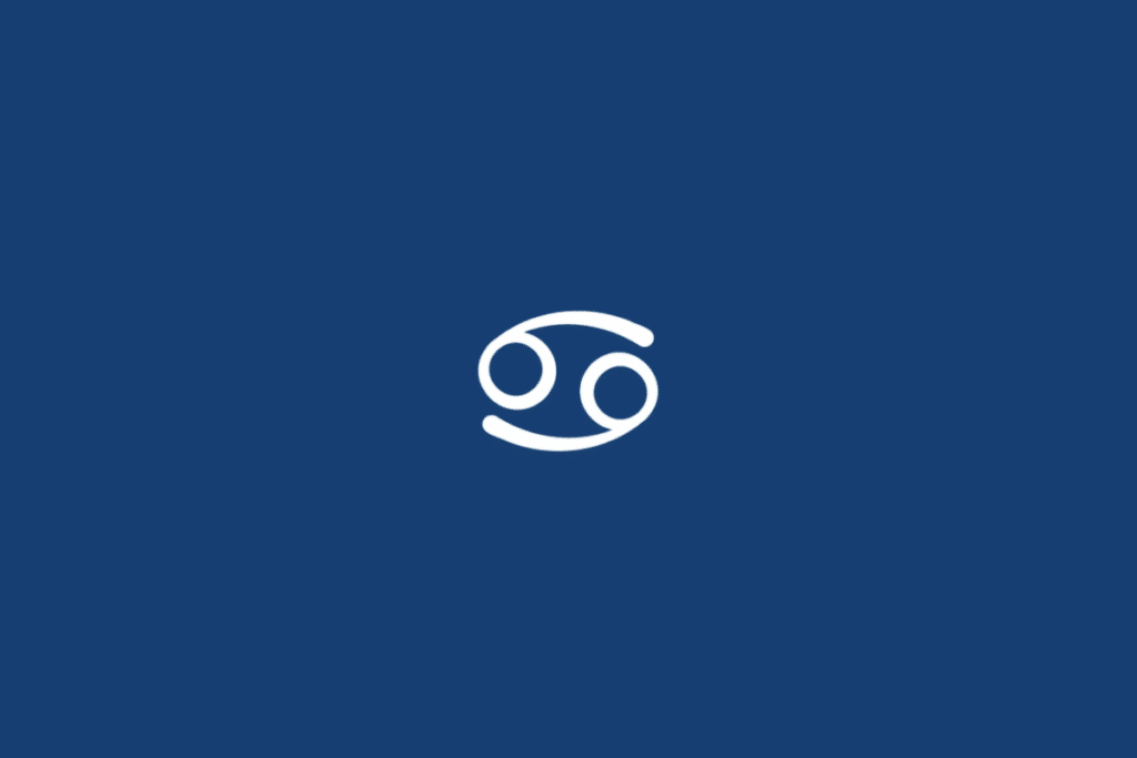 Símbolo do signo de Câncer, em branco, formado por duas curvas opostas com extremidades circulares, que lembram dois círculos conectados. O fundo é azul-marinho uniforme.
