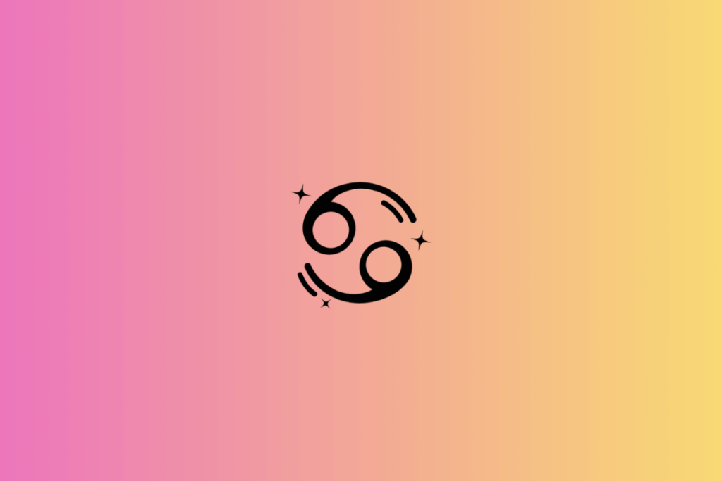 Ilustração do signo de Câncer em preto, centralizada sobre um fundo em degradê rosa, pêssego e amarelo-claro. O símbolo é composto por duas formas circulares posicionadas diagonalmente, conectadas por linhas curvas que lembram o número 69 deitado. Pequenos traços curvos e estrelas decoram a figura.