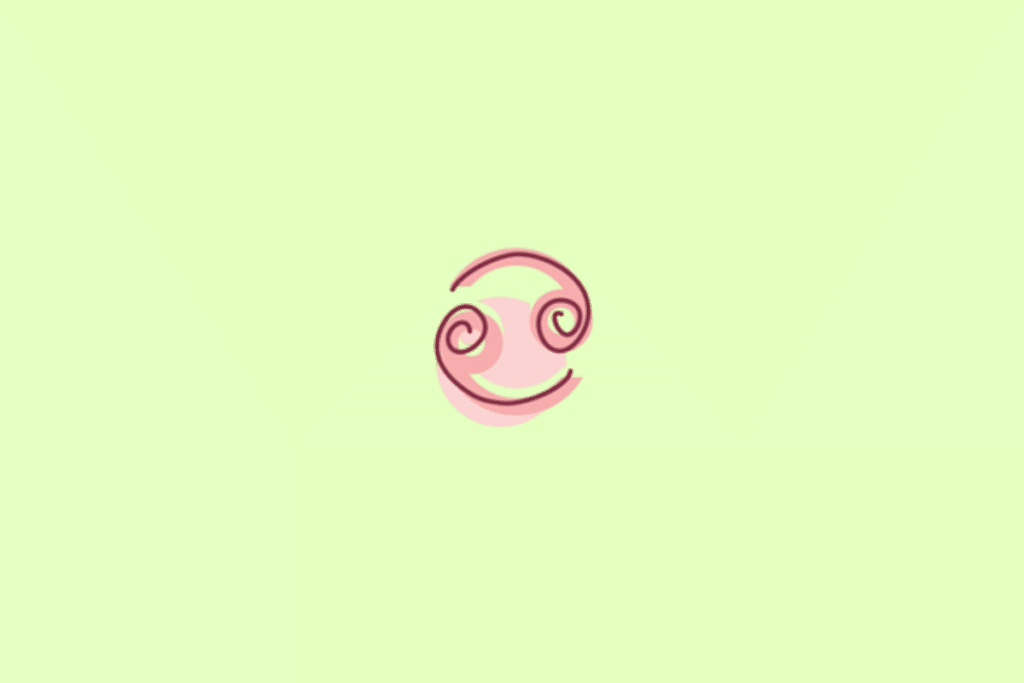 Símbolo do signo de Câncer, em vinho escuro com contorno rosa, sobre uma forma rosa-clara. O desenho é composto por duas curvas circulares opostas, cada uma com uma extremidade arredondada. O fundo é verde-claro pastel uniforme.