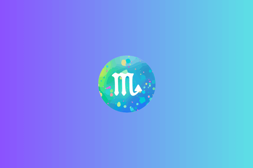 Símbolo do signo de Escorpião, em branco, formado por três hastes verticais unidas, com a última prolongada em uma ponta semelhante a uma seta voltada para a parte superior direita. O desenho está centralizado em um círculo com formas abstratas e pontos coloridos em azul, turquesa, verde, rosa, amarelo e roxo. O fundo tem um degradê horizontal do roxo ao azul-claro e turquesa.