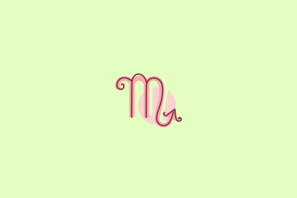 Símbolo do signo de Escorpião, em vinho escuro com contorno rosa, sobre uma forma rosa-clara. O desenho tem três hastes alongadas e termina em uma curva direcionada para cima, semelhante a uma seta. O fundo é verde-claro pastel uniforme.
