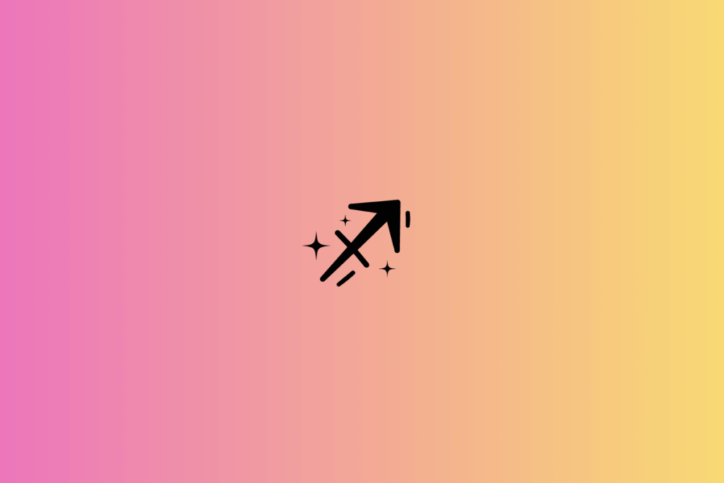 Ilustração do signo de Sagitário em preto, centralizada sobre um fundo em degradê que combina rosa, pêssego e amarelo-claro. O símbolo é representado por uma seta diagonal apontada para o canto superior direito, atravessada por uma linha curta que forma uma cruz. Pequenas estrelas e traços decorativos aparecem ao redor da figura.