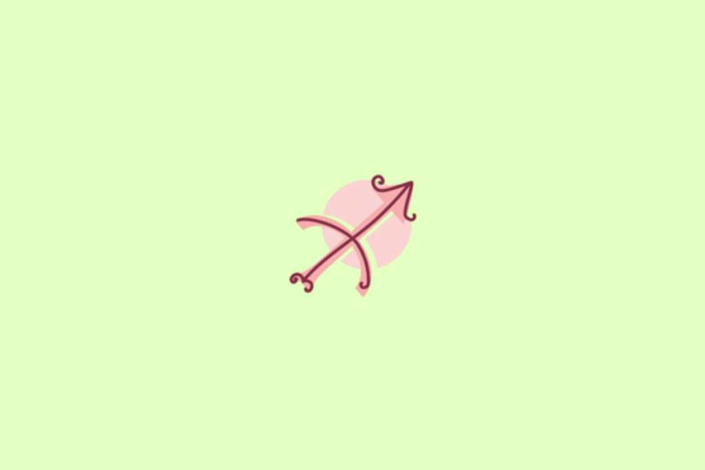 Símbolo do signo de Sagitário, em vinho escuro com contorno rosa, sobre uma forma rosa-clara. O desenho apresenta uma seta diagonal apontada para o alto à direita, atravessada por uma linha diagonal em sentido contrário. O fundo é verde-claro pastel uniforme.