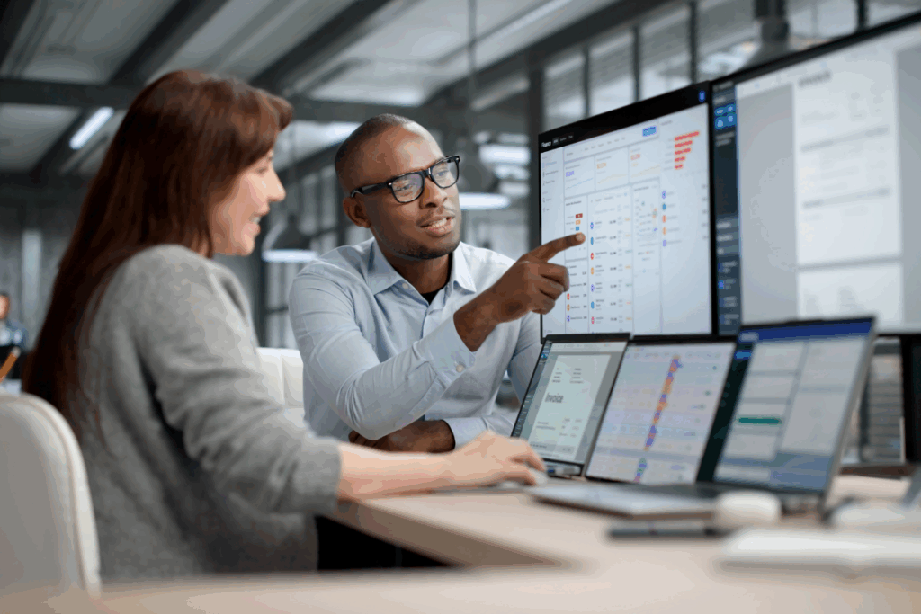Um homem negro de óculos e camisa social azul apontando para gráficos em um monitor de computador. Ao lado dele, uma mulher de costas e perfil observa a tela enquanto trabalham juntos em uma mesa cheia de monitores e notebooks.