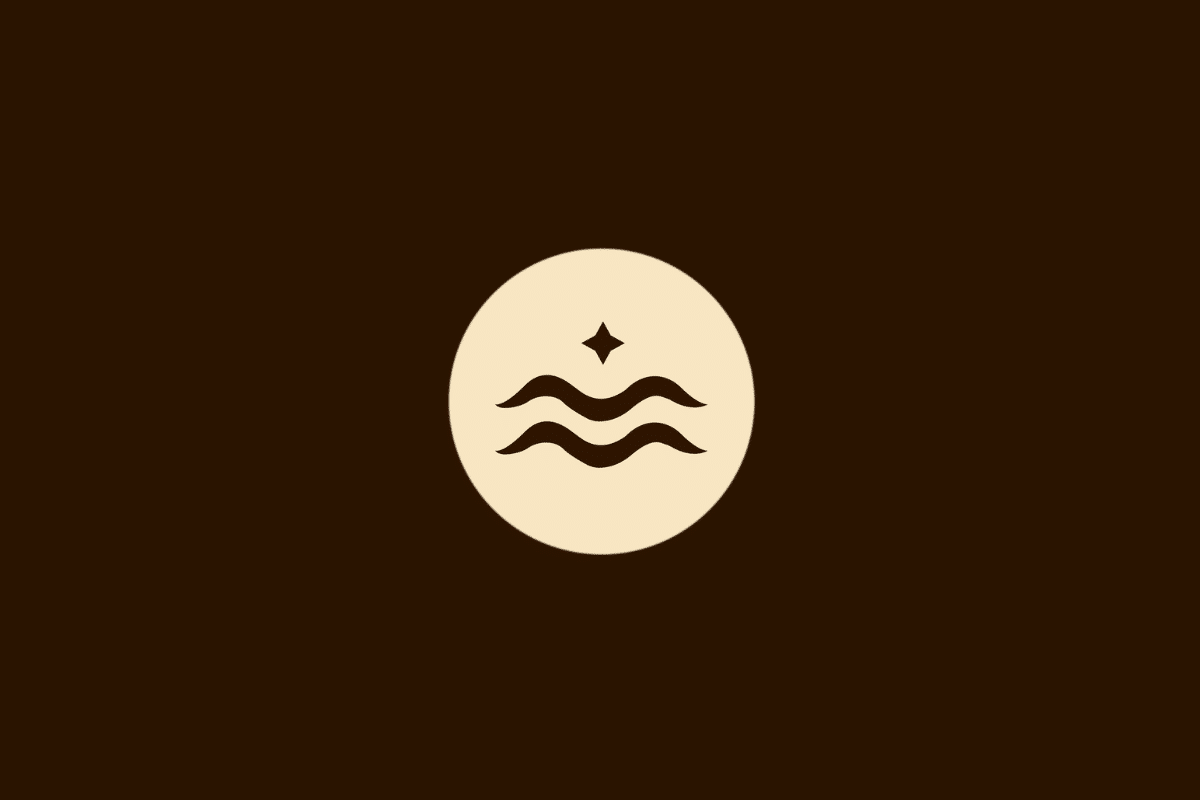 Ilustração vetorial do signo de Aquário, representada por duas linhas onduladas de água com uma estrela de quatro pontas acima, centralizada em um círculo bege sobre fundo marrom.