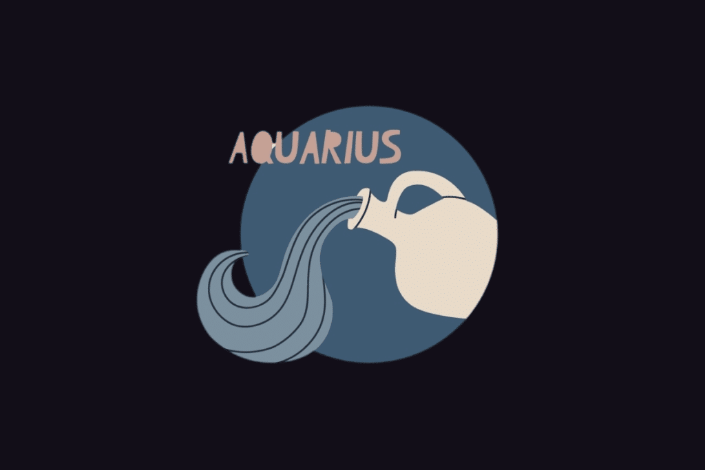 Ilustração do signo de Aquário com o texto "Aquarius", mostrando um vaso claro despejando água em tom azul sobre um fundo circular escuro.