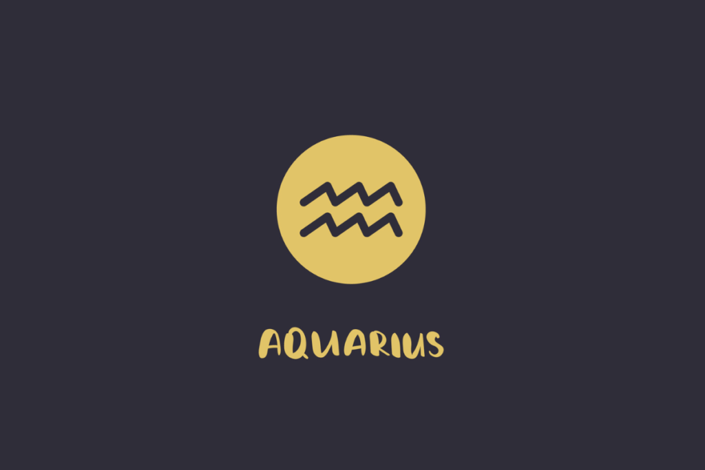 Fundo escuro com o símbolo do signo de Aquário em formato de linhas onduladas pretas dentro de um círculo amarelo, acompanhado pela palavra "AQUARIUS" em amarelo abaixo.