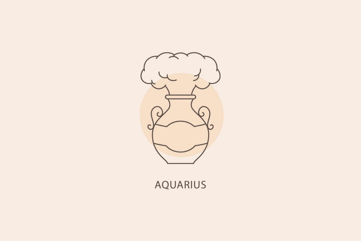 Ilustração em linhas finas de um vaso de cerâmica expelindo uma nuvem de vapor/água, com um círculo bege ao fundo e a palavra "AQUARIUS" abaixo.