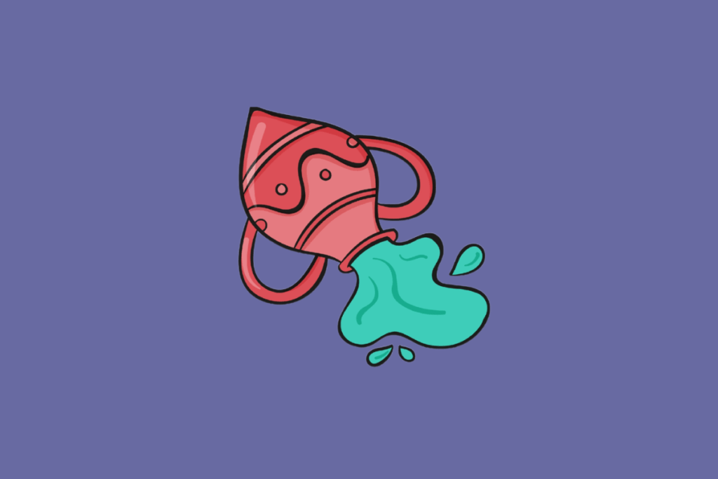 Ilustração estilizada de um vaso vermelho derramando água verde sobre fundo roxo.