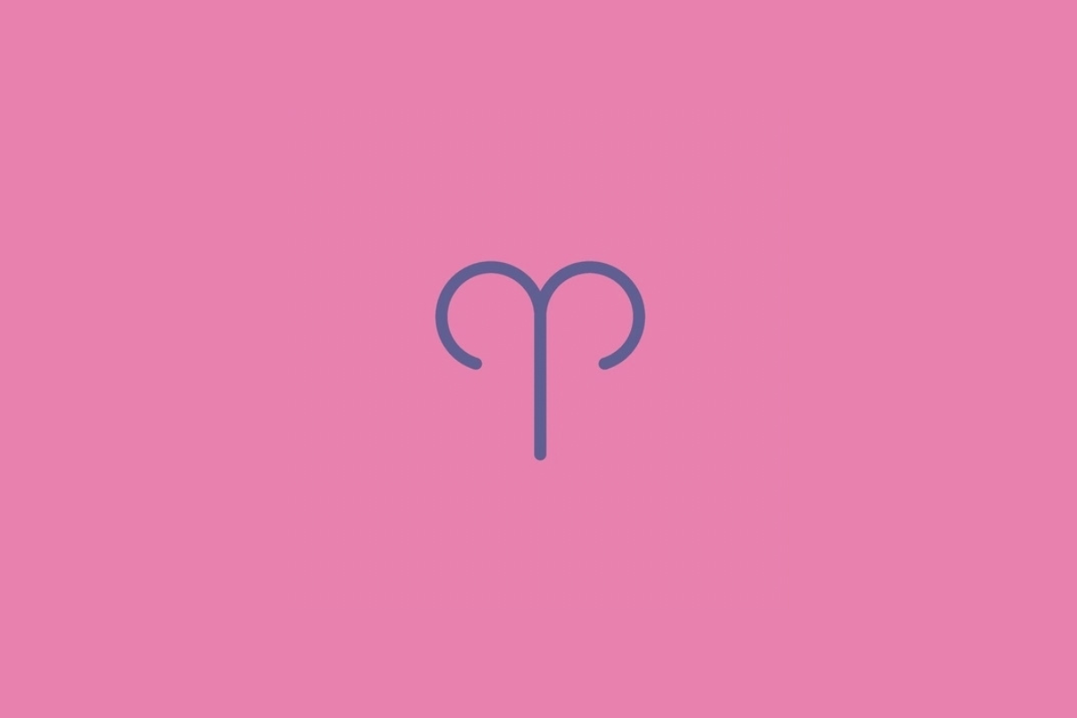 Símbolo do signo de Áries em linhas roxas sobre um fundo rosa.