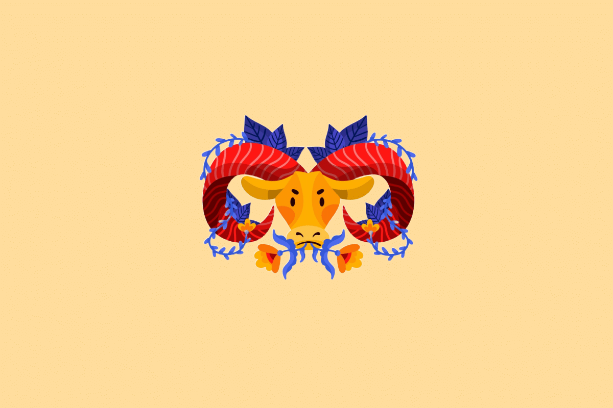 Ilustração estilizada do signo de Áries. No centro, a cabeça de um carneiro amarelo vista de frente, com grandes chifres espiralados em tons de vermelho e laranja, cercada por ramos de folhas azuis e flores laranjas. O fundo é de cor amarela clara uniforme.