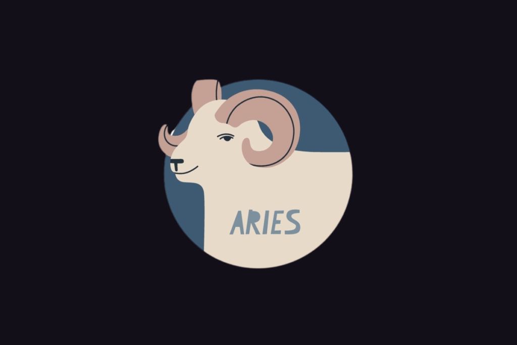 Ilustração do signo de Áries com o texto "Aries", retratando a cabeça de um carneiro branco com chifres curvados sobre um fundo circular azul.