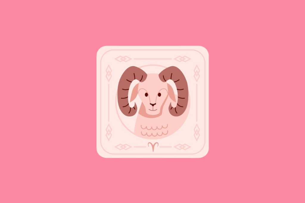 Ilustração estilizada de uma carta com fundo rosa pastel. No centro, dentro de uma moldura circular, há a cabeça de um carneiro com grandes chifres espiralados. Na parte inferior da carta, encontra-se o símbolo do signo de Áries.