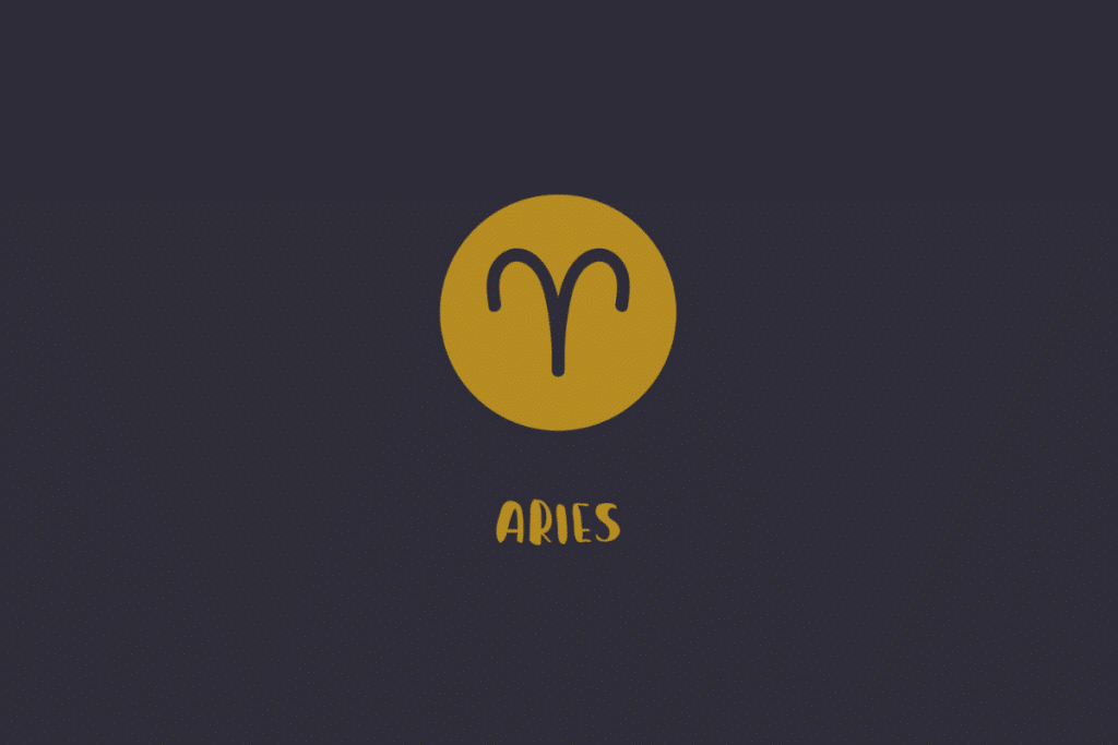 Fundo escuro com o símbolo do signo de Áries em formato de chifres pretos dentro de um círculo amarelo, acompanhado pela palavra "ARIES" em amarelo abaixo.