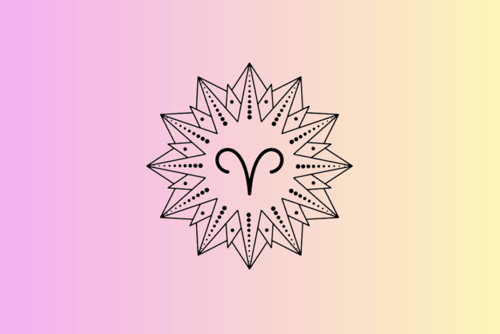 Ilustração com fundo em degradê do rosa para o amarelo, contendo ao centro um sol geométrico estilizado em preto e branco, com o símbolo do signo de Áries no meio.
