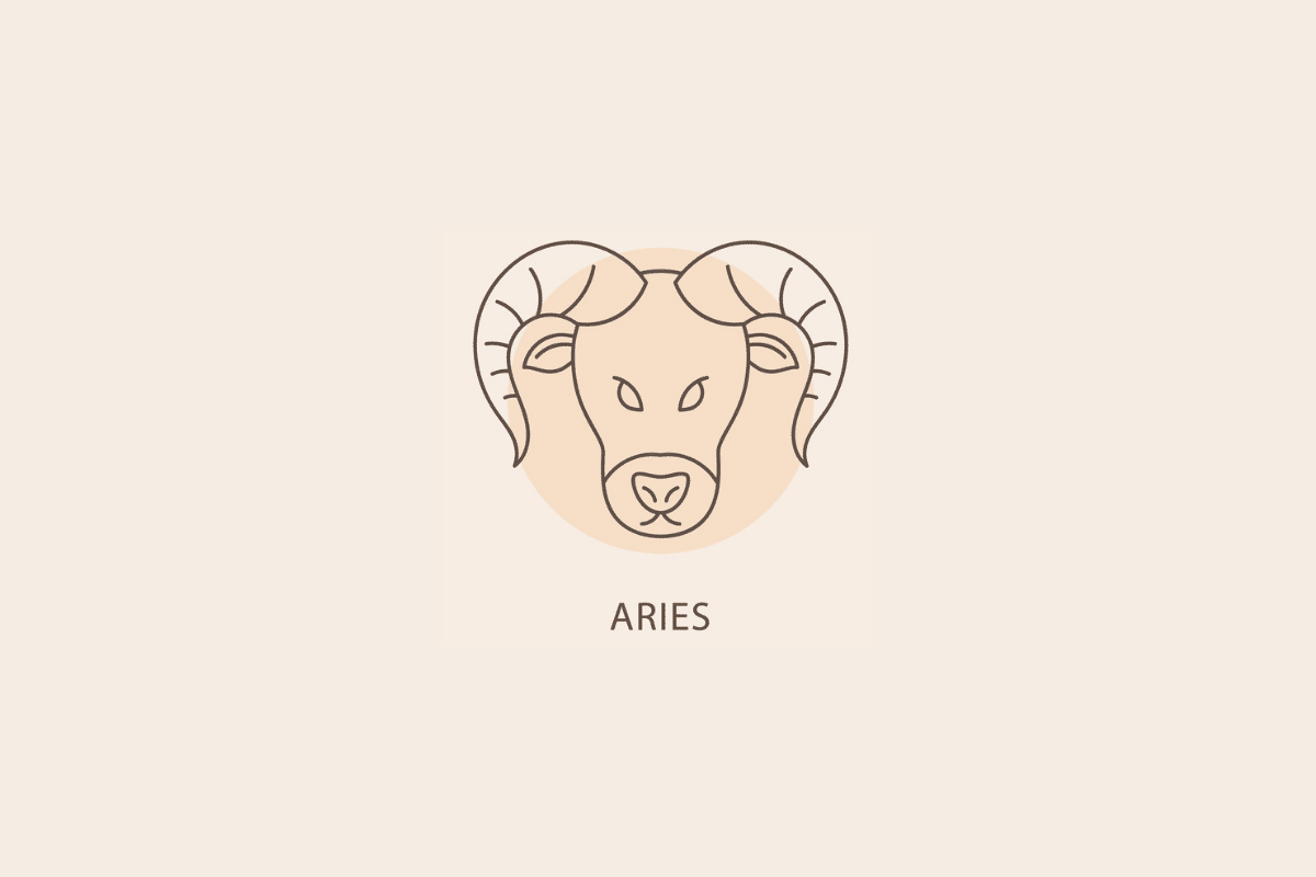 Ilustração em linhas finas da cabeça de um carneiro com chifres curvados, com um círculo bege ao fundo e a palavra "ARIES" abaixo.