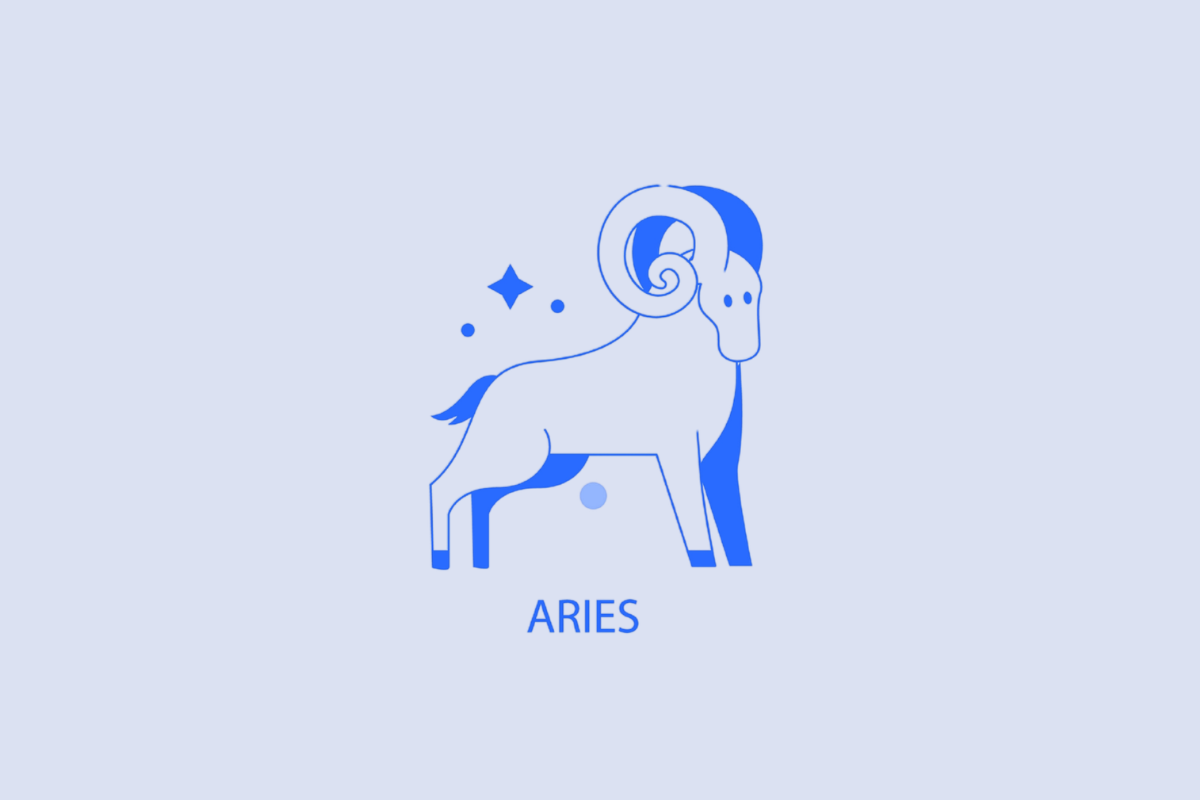 Ilustração minimalista em tons de azul e branco representando o signo de Áries. Mostra um carneiro em pé com chifres espiralados, acompanhado de pequenos pontos e uma estrela ao fundo. Na parte inferior, está escrita a palavra "ARIES" em letras maiúsculas azul-escuro.