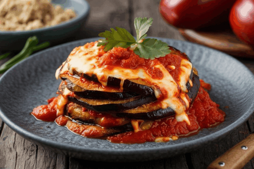 Fatias de berinjela empilhadas em camadas intercaladas com molho de tomate e queijo derretido, servidas em um prato escuro e decoradas com folha de salsa no topo.