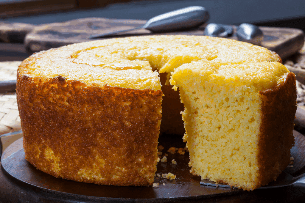 Bolo de milho com furo central e crosta dourada, servido em uma tábua de madeira com uma fatia cortada exibindo o miolo amarelo e macio.