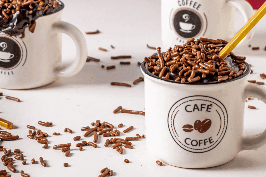 Canecas de cerâmica branca com ilustrações temáticas de café cheias de brigadeiro cremoso de colher, cobertas generosamente com granulado de chocolate. Uma colher dourada está mergulhada na caneca em primeiro plano, e grãos de granulado estão espalhados sobre a superfície branca ao redor.
