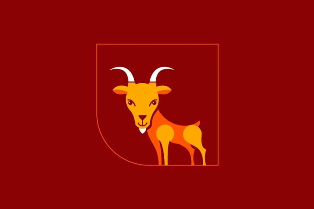 Ilustração vetorial simplificada de uma cabra amarela e laranja sobre um fundo vermelho.