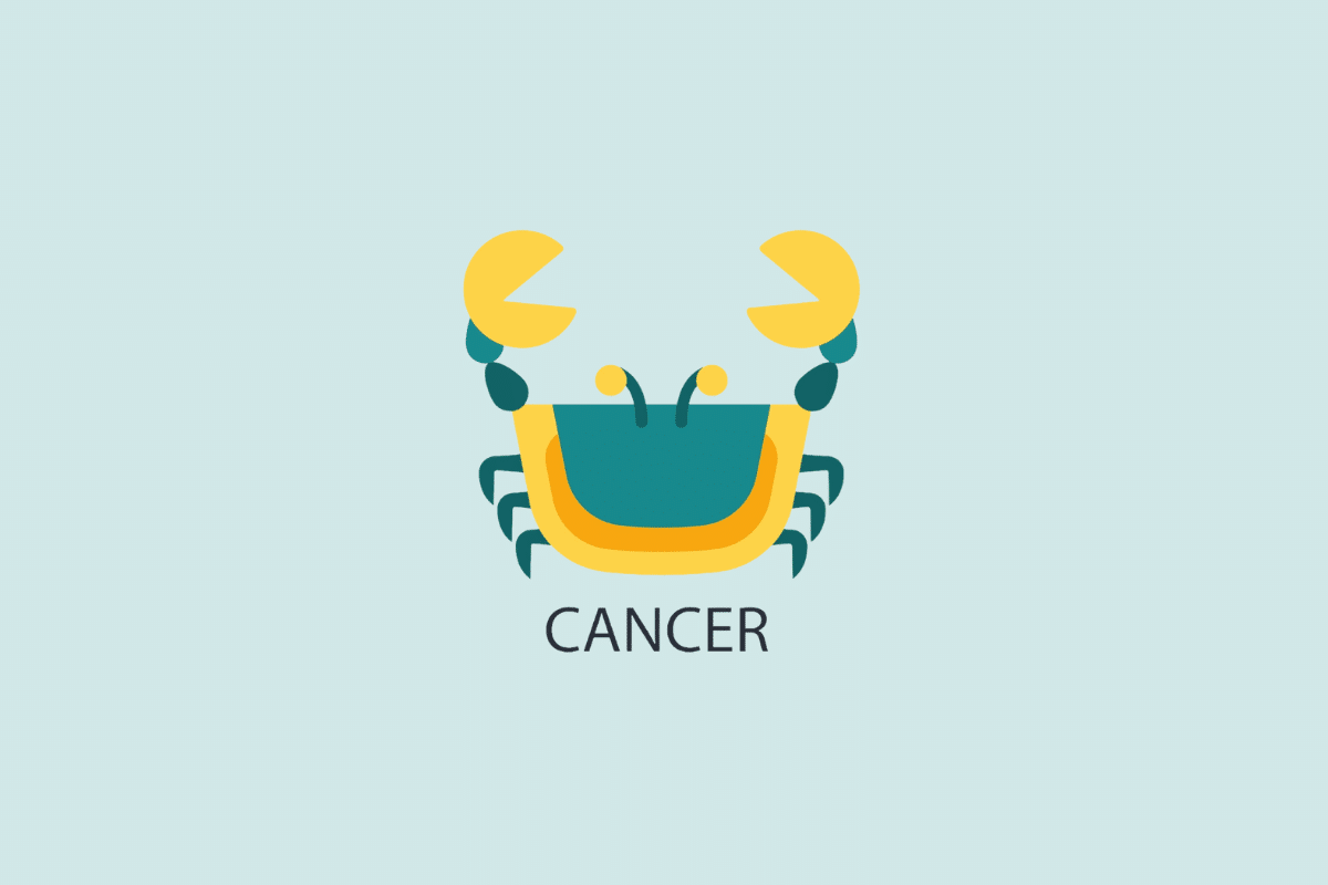 Ilustração vetorial em estilo plano de um caranguejo estilizado em tons de azul e amarelo, sobre um fundo azul-claro com a palavra "CANCER" escrita abaixo.