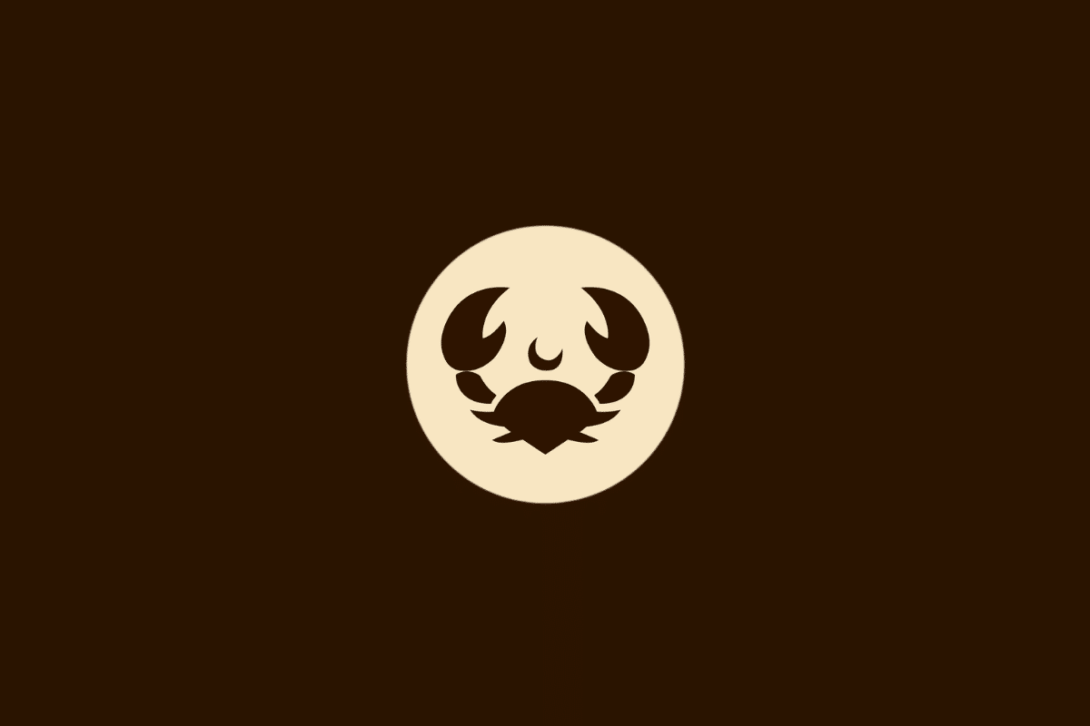 Ilustração vetorial do signo de Câncer, representada por um caranguejo com garras e um símbolo de lua acima, centralizado em um círculo bege sobre fundo marrom.