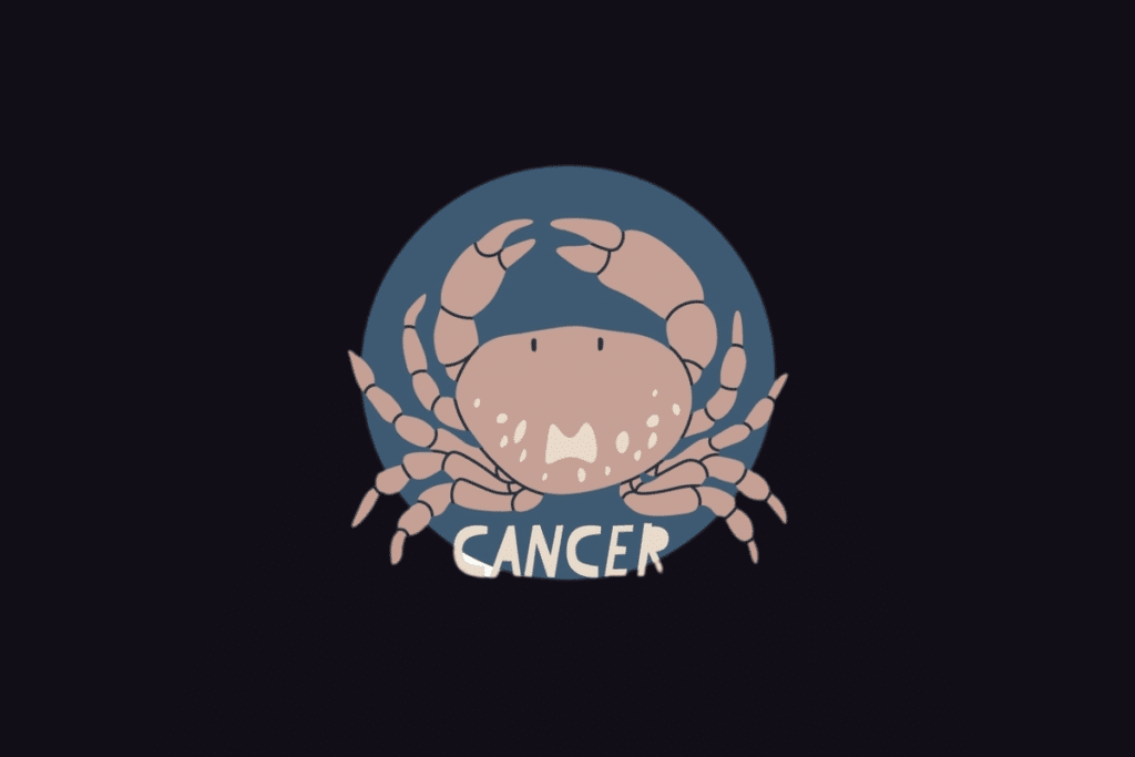 Ilustração do signo de Câncer com o texto "Cancer", representando um caranguejo bege visto de frente sobre um fundo circular azul.