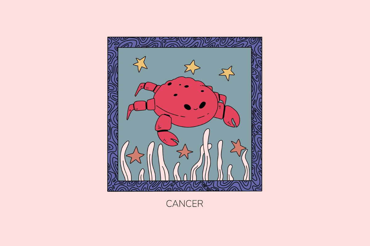 Ilustração estilizada do signo de Câncer, representando um caranguejo vermelho cercado por estrelas e algas marinhas, em moldura roxa com fundo azul e a palavra "Cancer" abaixo.