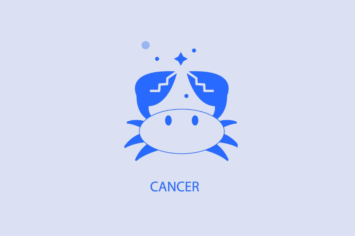 Ilustração minimalista em tons de azul e branco representando o signo de Câncer. Mostra um caranguejo estilizado visto de frente, acompanhado de pequenos pontos e uma estrela acima da cabeça. Na parte inferior, está escrita a palavra "CANCER" em letras maiúsculas azul-escuro.
