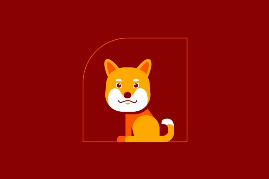 Ilustração vetorial simplificada de um cão amarelo e laranja sobre um fundo vermelho.