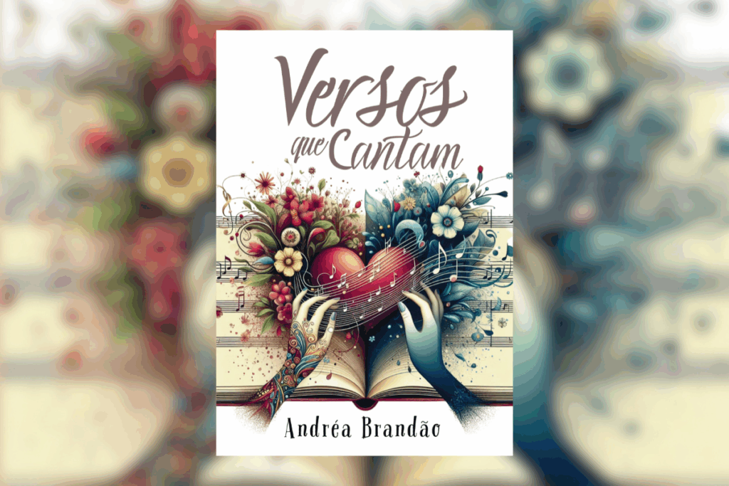 Capa clara e artística com um livro aberto ao centro de onde emergem ilustrações de flores e notas musicais flutuantes em tons de vermelho e azul. Duas mãos estilizadas se aproximam de um coração central cercado por notas musicais. Na parte superior, destaca-se o título "Versos que Cantam" em caligrafia elegante, e na parte inferior, o nome da autora "Andréa Brandão".