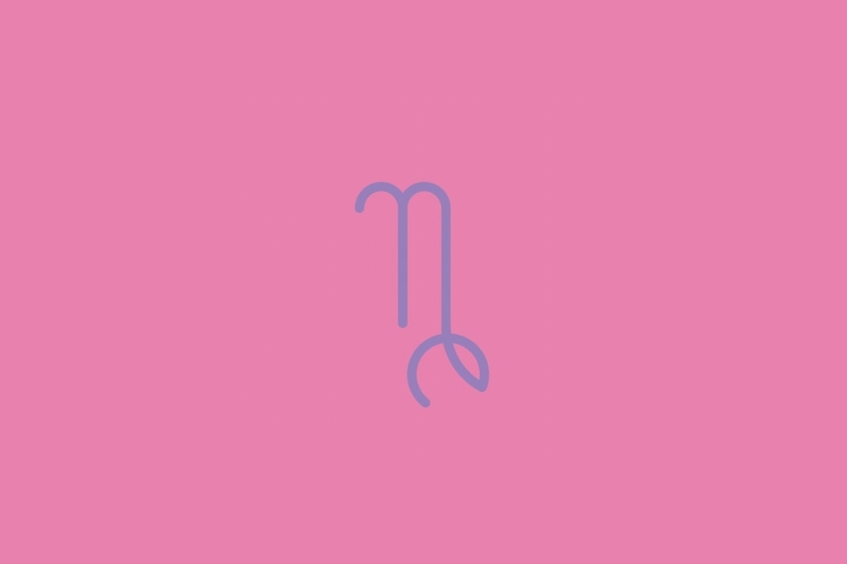 Símbolo do signo de Capricórnio em linhas roxas sobre um fundo rosa.